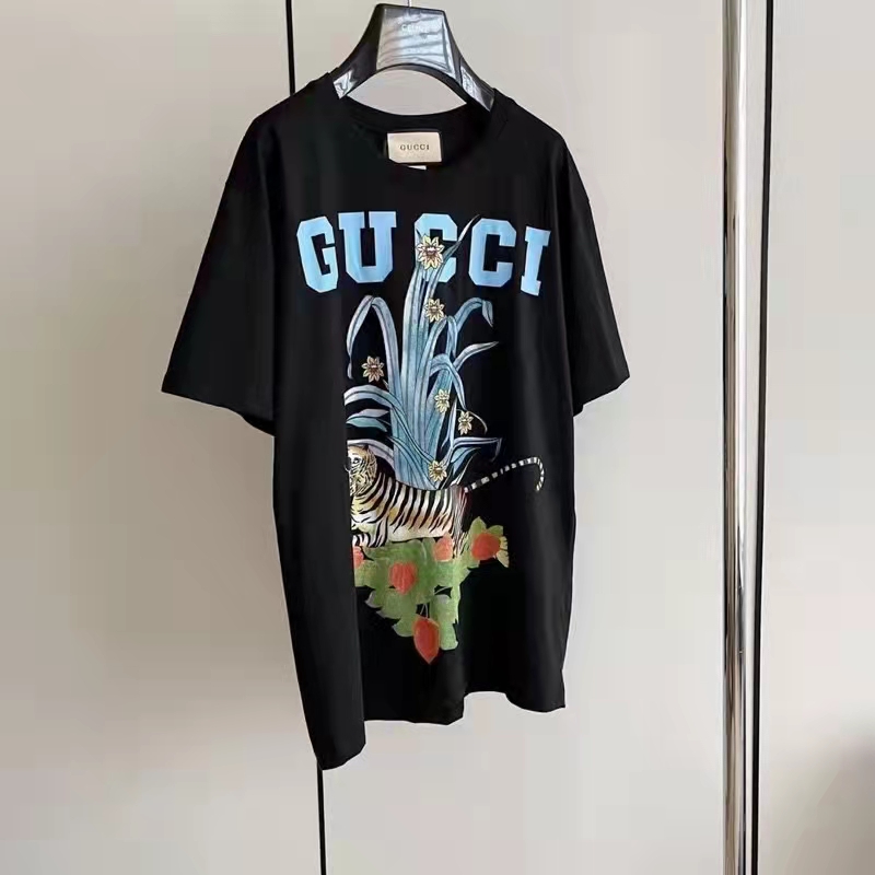 G*u*i gg women G*u*i tiger flower t-shirt black cotton jersey crewneck oversize fit