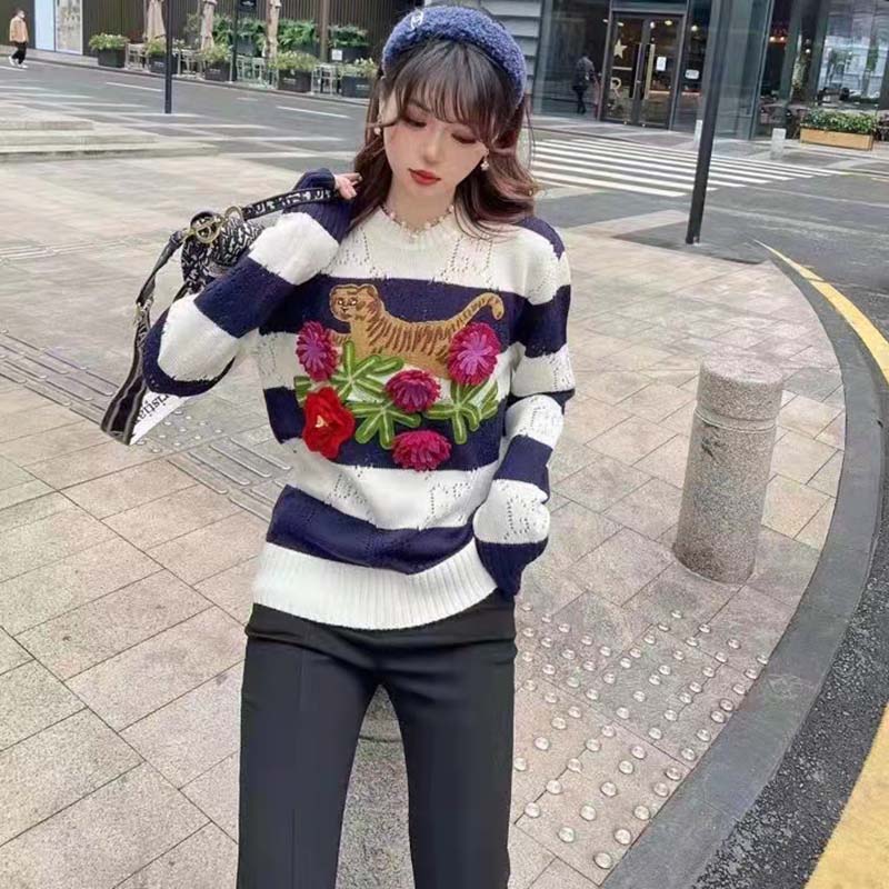 G*u*i gg women G*u*i tiger wool sweater embroidery tiger flower crewneck