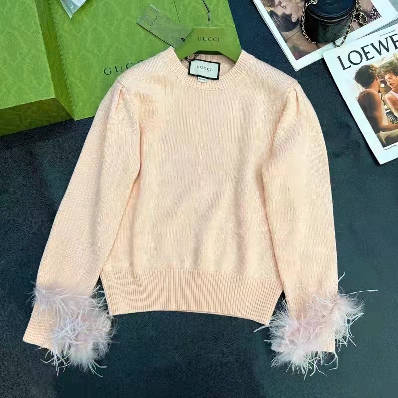 G*u*i gg women silk mohair sweater feathers beige double g embroidery crewneck