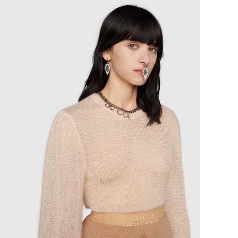 G*u*i gg women silk mohair sweater feathers beige double g embroidery crewneck
