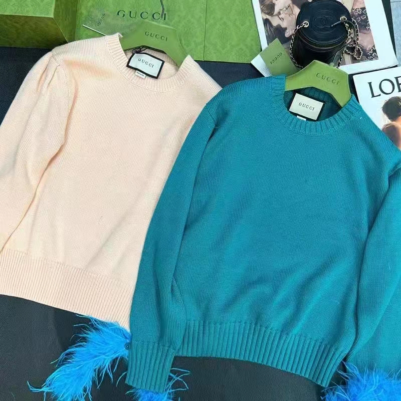 G*u*i gg women silk mohair sweater feathers beige double g embroidery crewneck