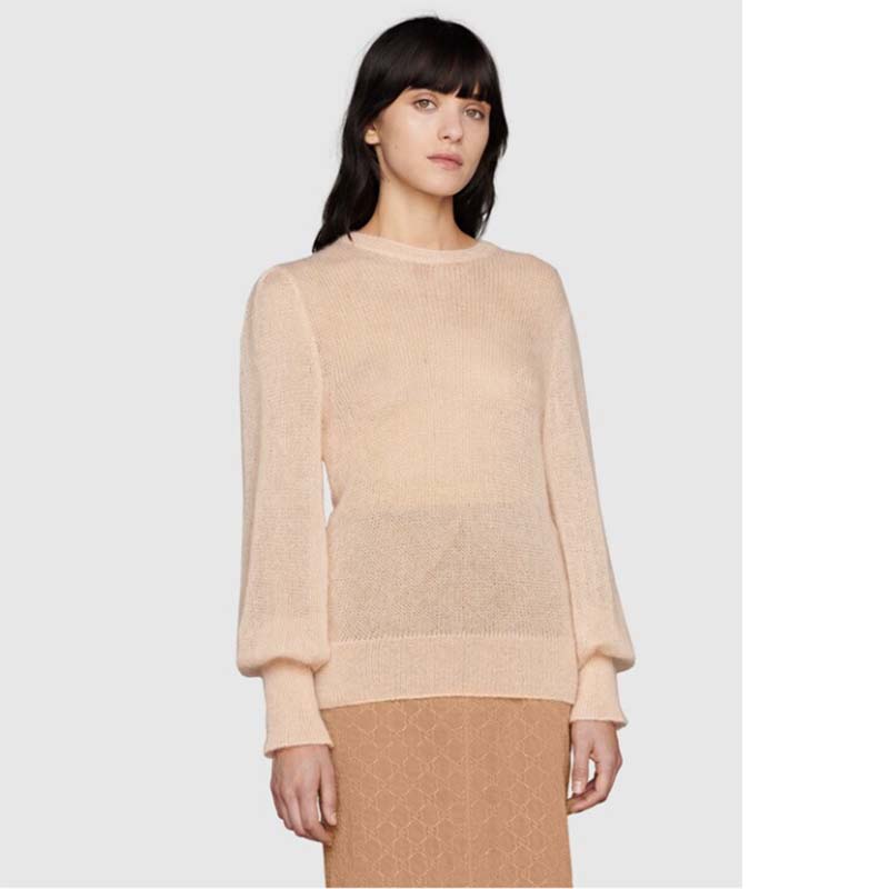 G*u*i gg women silk mohair sweater feathers beige double g embroidery crewneck