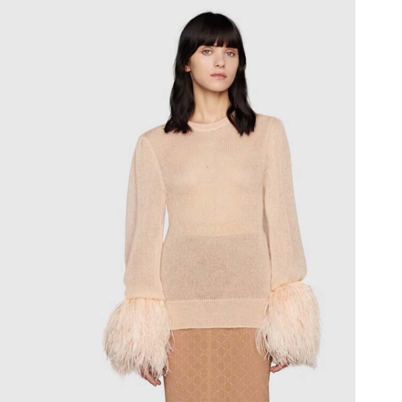 G*u*i gg women silk mohair sweater feathers beige double g embroidery crewneck