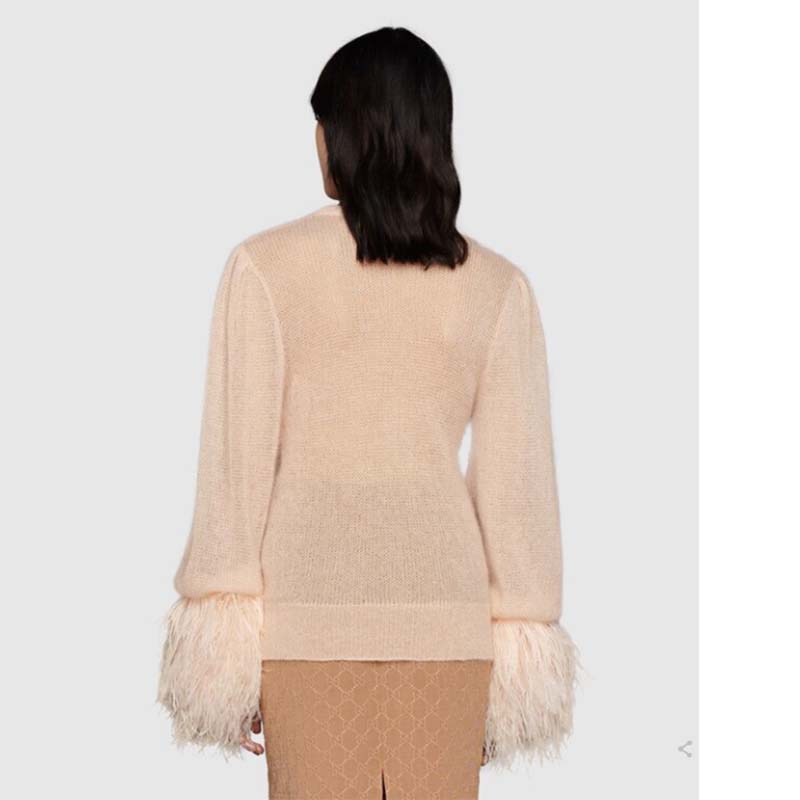 G*u*i gg women silk mohair sweater feathers beige double g embroidery crewneck