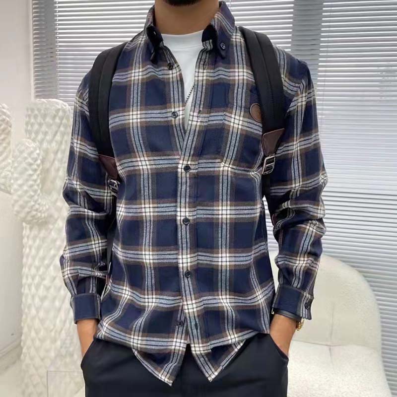 G*u*i men check wool shirt blue yellow check leather interlocking g tag