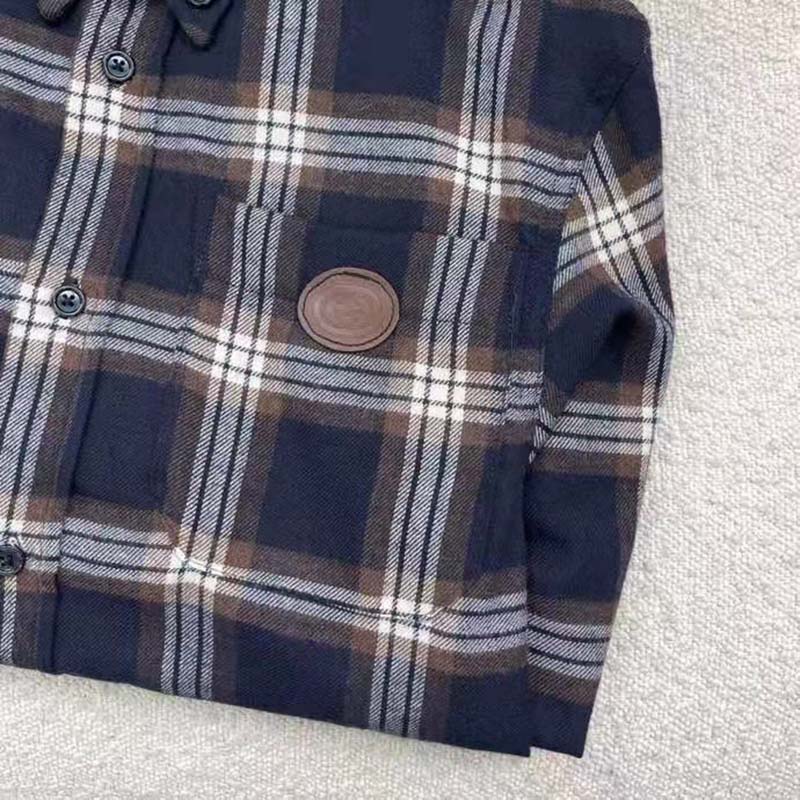 G*u*i women check wool shirt blue yellow check leather interlocking g tag