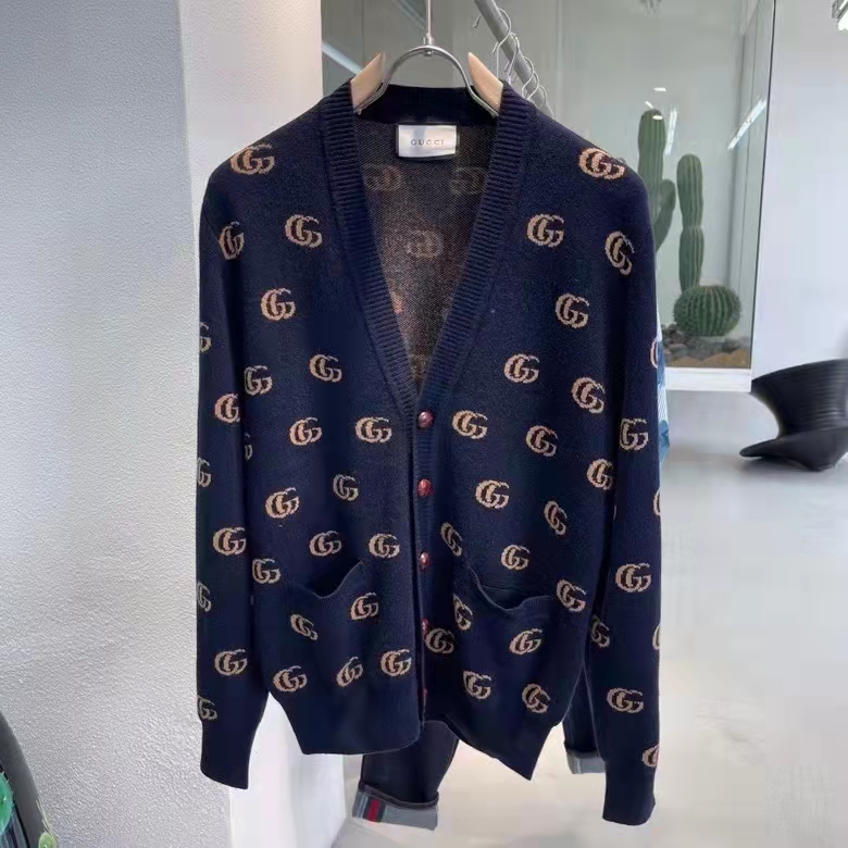 G*u*i men gg knit cashmere jacquard cardigan blue beige long sleeves v-neck