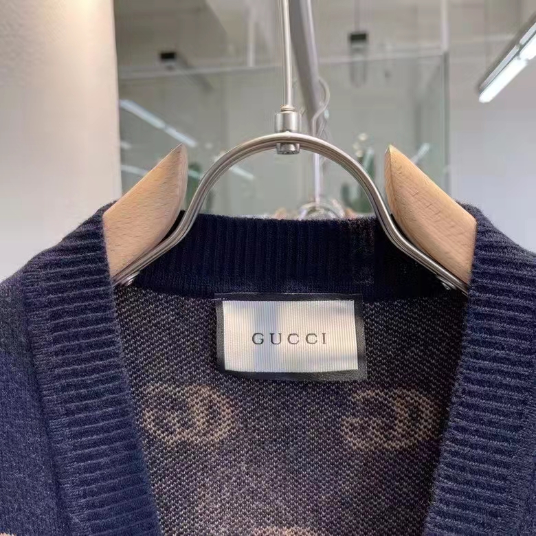 G*u*i men gg knit cashmere jacquard cardigan blue beige long sleeves v-neck