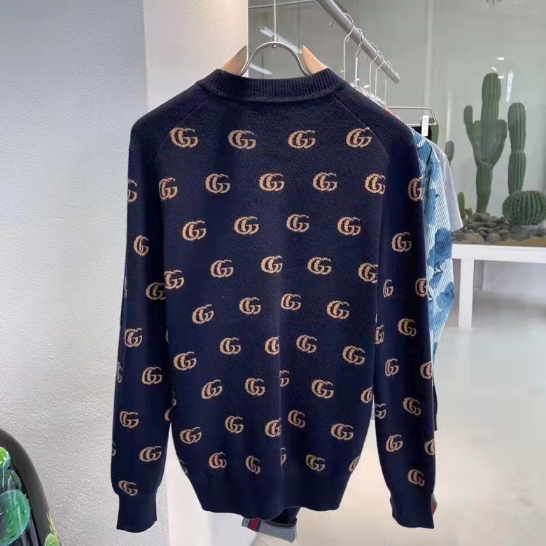 G*u*i men gg knit cashmere jacquard cardigan blue beige long sleeves v-neck