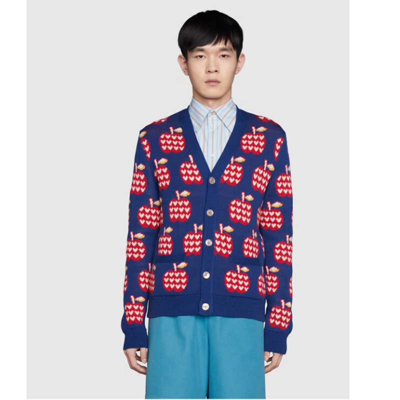 G*u*i men gg les pommes cotton cardigan dark blue red apple knit cotton jacquard