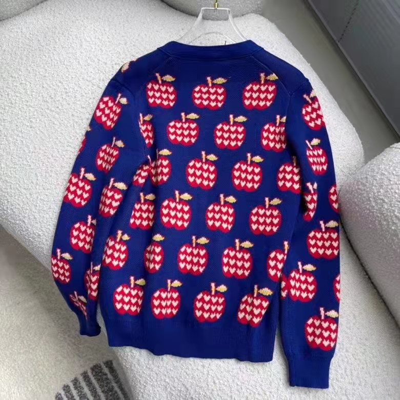 G*u*i women gg les pommes cotton cardigan dark blue red apple knit cotton jacquard