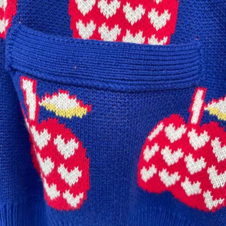 G*u*i women gg les pommes cotton cardigan dark blue red apple knit cotton jacquard