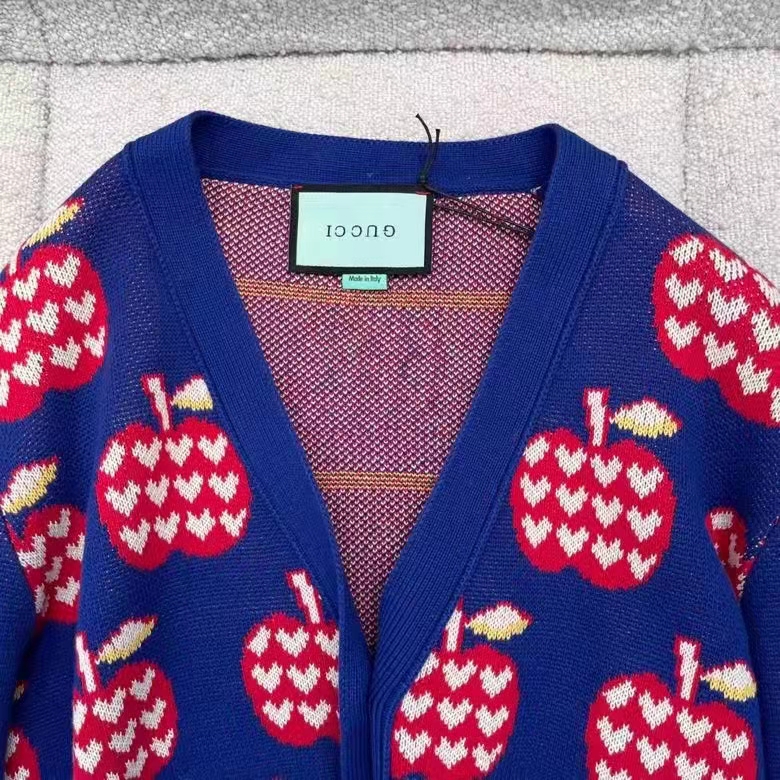 G*u*i women gg les pommes cotton cardigan dark blue red apple knit cotton jacquard
