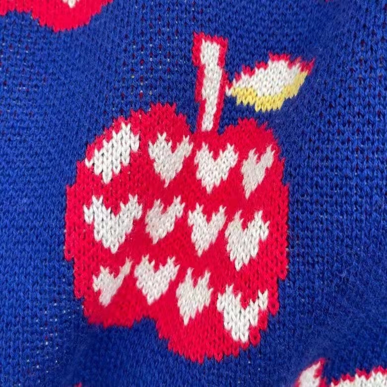 G*u*i women gg les pommes cotton cardigan dark blue red apple knit cotton jacquard