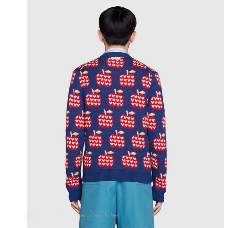 G*u*i men gg les pommes cotton cardigan dark blue red apple knit cotton jacquard