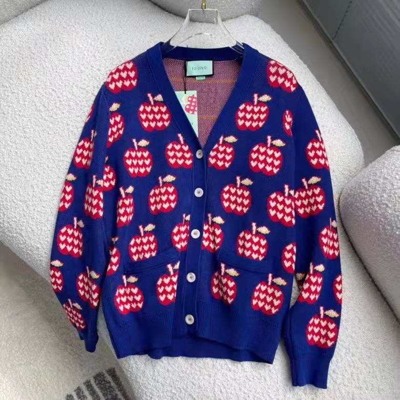 G*u*i women gg les pommes cotton cardigan dark blue red apple knit cotton jacquard