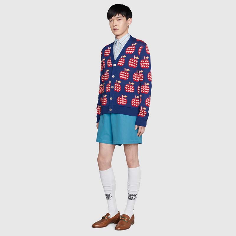 G*u*i men gg les pommes cotton cardigan dark blue red apple knit cotton jacquard