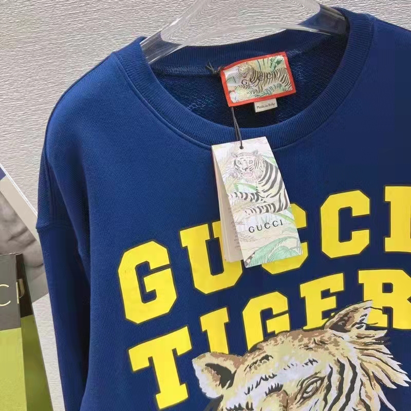 G*u*i men gg tiger cotton sweatshirt blue felted jersey crewneck