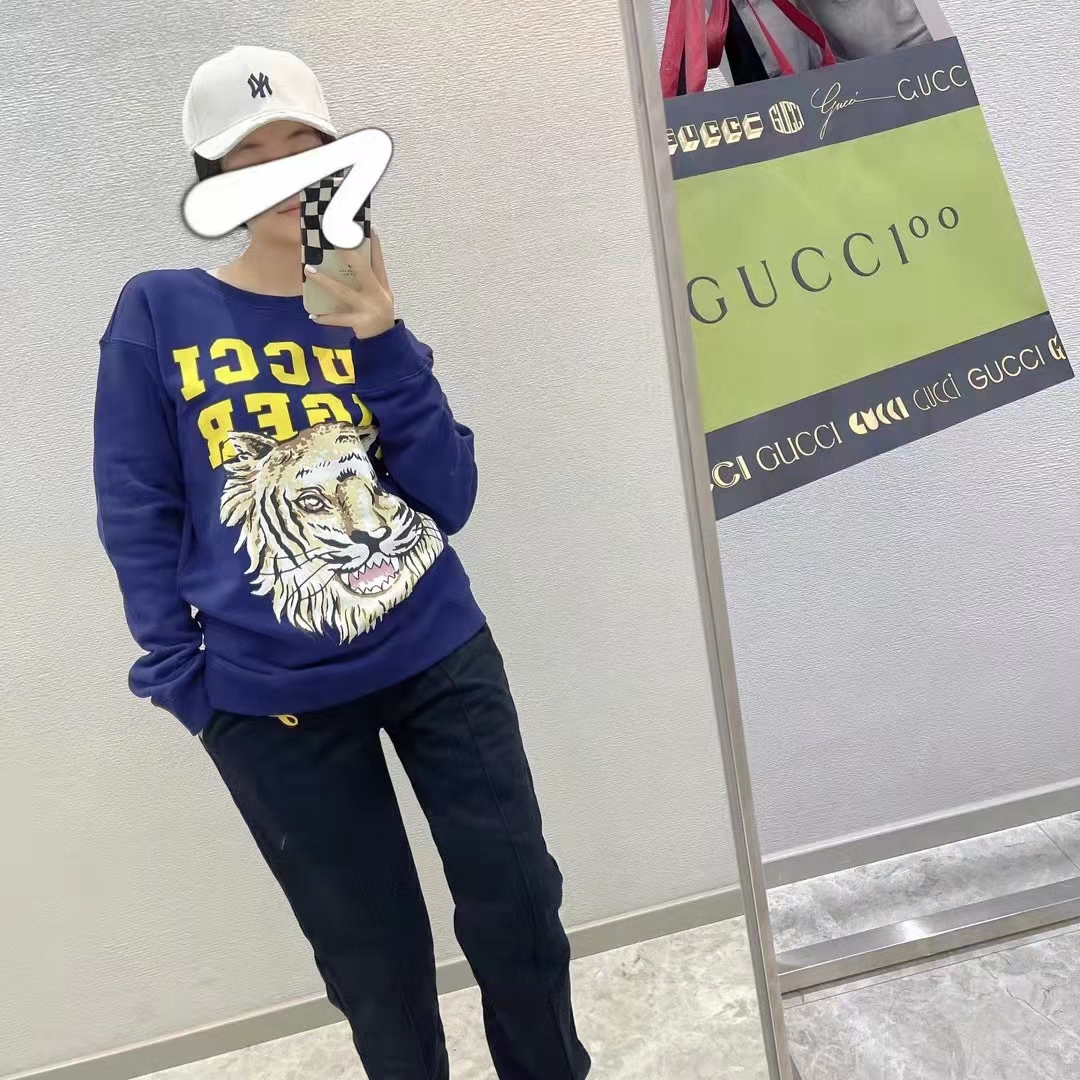 G*u*i women gg tiger cotton sweatshirt blue felted jersey crewneck