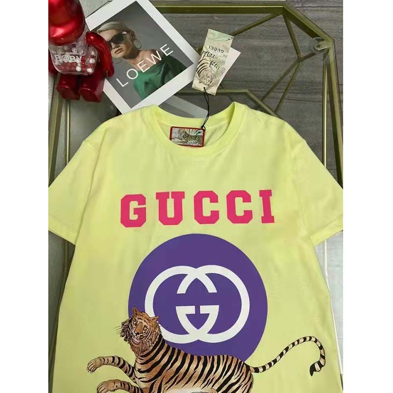 G*u*i men gg tiger interlocking g t-shirt yellow cotton jersey flower crewneck oversize fit