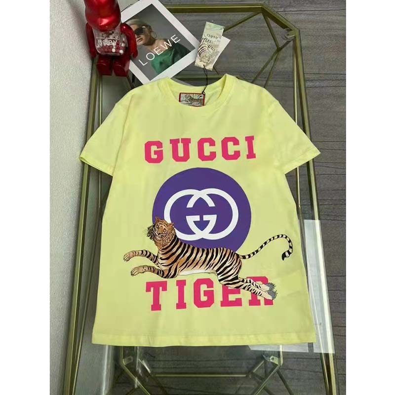 G*u*i men gg tiger interlocking g t-shirt yellow cotton jersey flower crewneck oversize fit