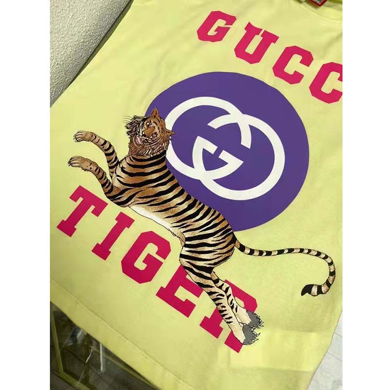 G*u*i men gg tiger interlocking g t-shirt yellow cotton jersey flower crewneck oversize fit