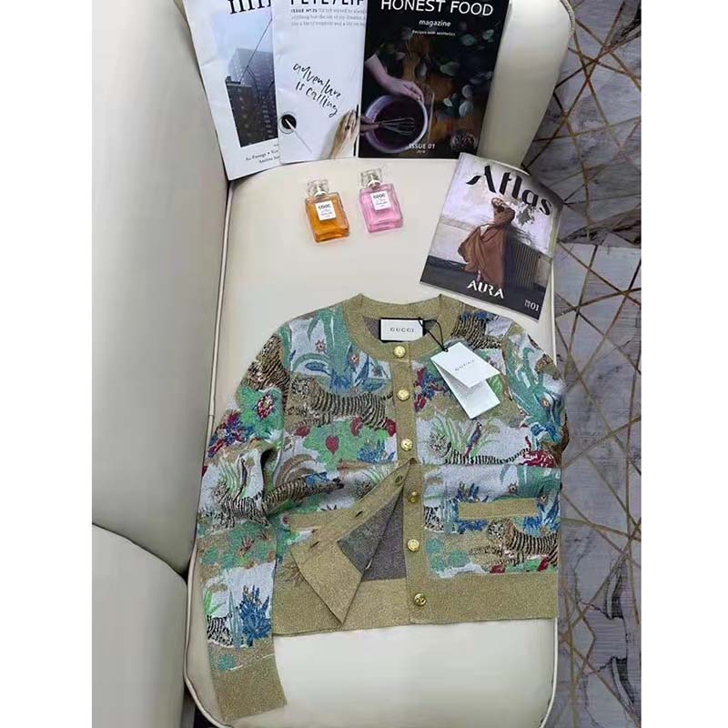 G*u*i men gg tiger jacquard cardigan gold green tiger flower extra fine lurex crewneck