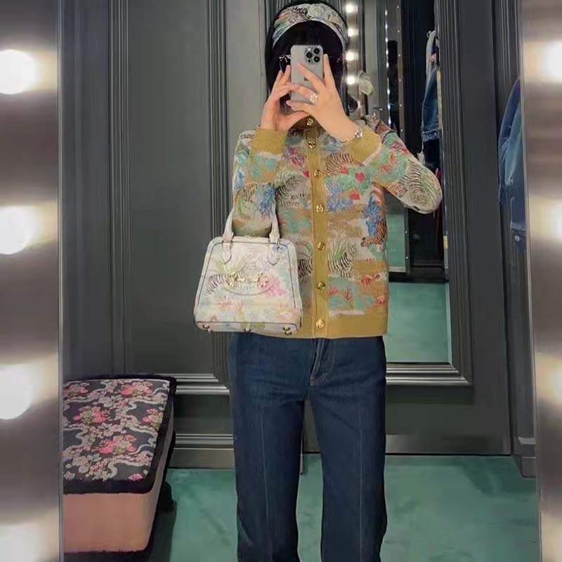 G*u*i women gg tiger jacquard cardigan gold green tiger flower extra fine lurex crewneck