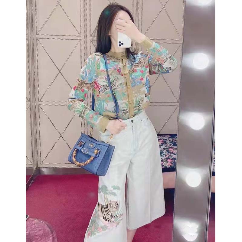 G*u*i women gg tiger jacquard cardigan gold green tiger flower extra fine lurex crewneck