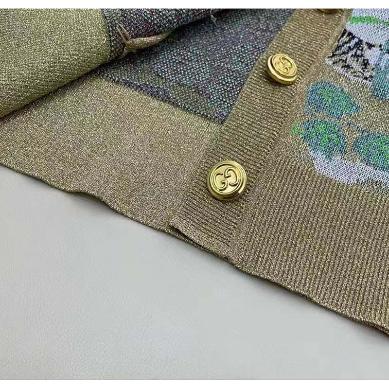 G*u*i men gg tiger jacquard cardigan gold green tiger flower extra fine lurex crewneck