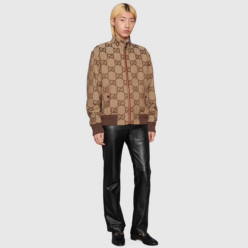 G*u*i men jumbo gg canvas jacket beige ebony jumbo cotton wool leather