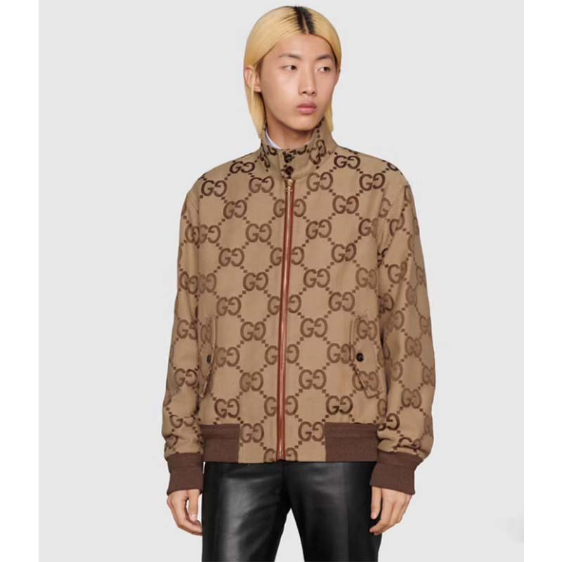 G*u*i men jumbo gg canvas jacket beige ebony jumbo cotton wool leather