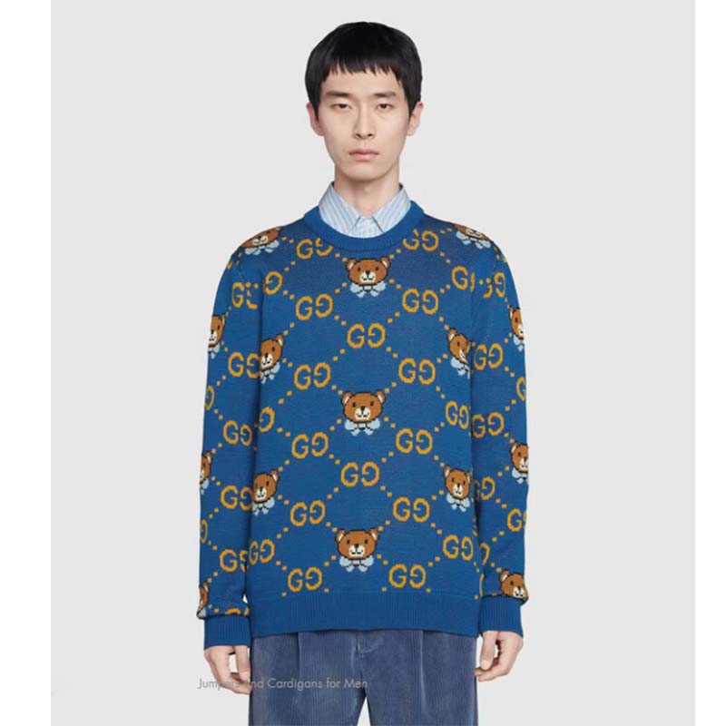 G*u*i men kai x G*u*i gg jacquard jumper dark blue teddy bear wool cotton blend crewneck
