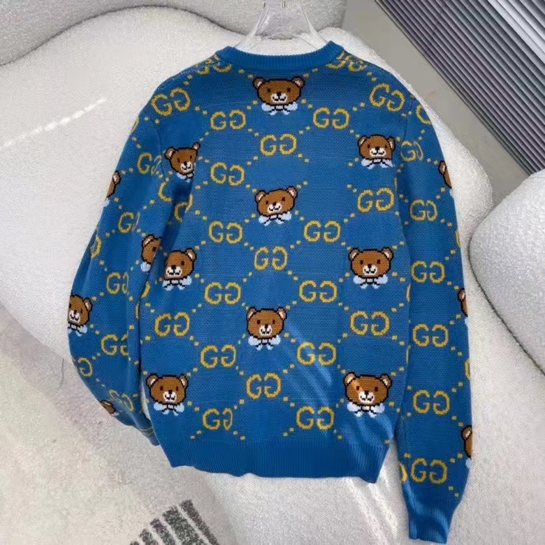 G*u*i men kai x G*u*i gg jacquard jumper dark blue teddy bear wool cotton blend crewneck