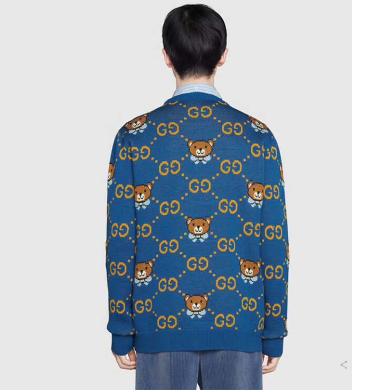 G*u*i men kai x G*u*i gg jacquard jumper dark blue teddy bear wool cotton blend crewneck