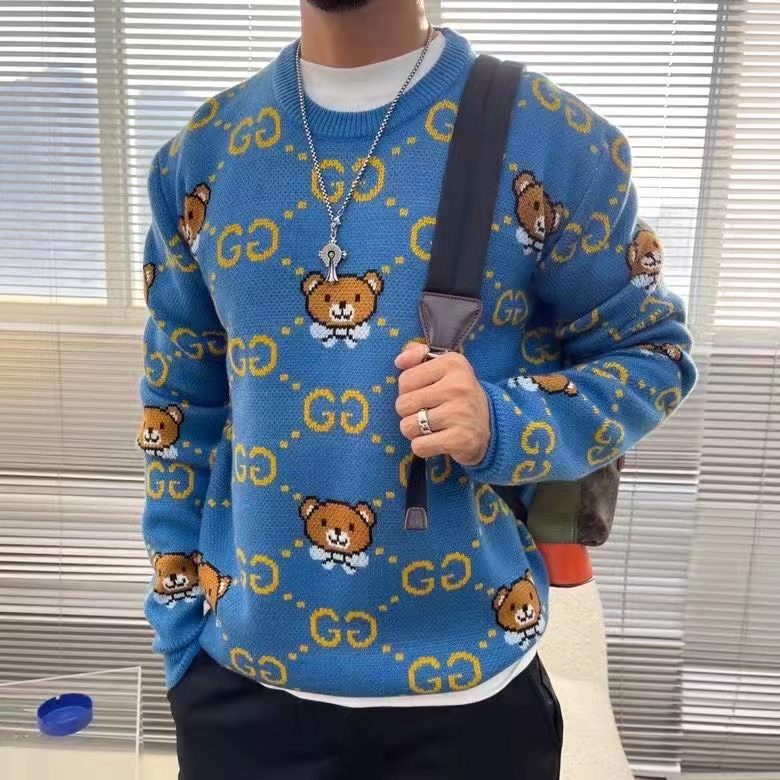 G*u*i men kai x G*u*i gg jacquard jumper dark blue teddy bear wool cotton blend crewneck