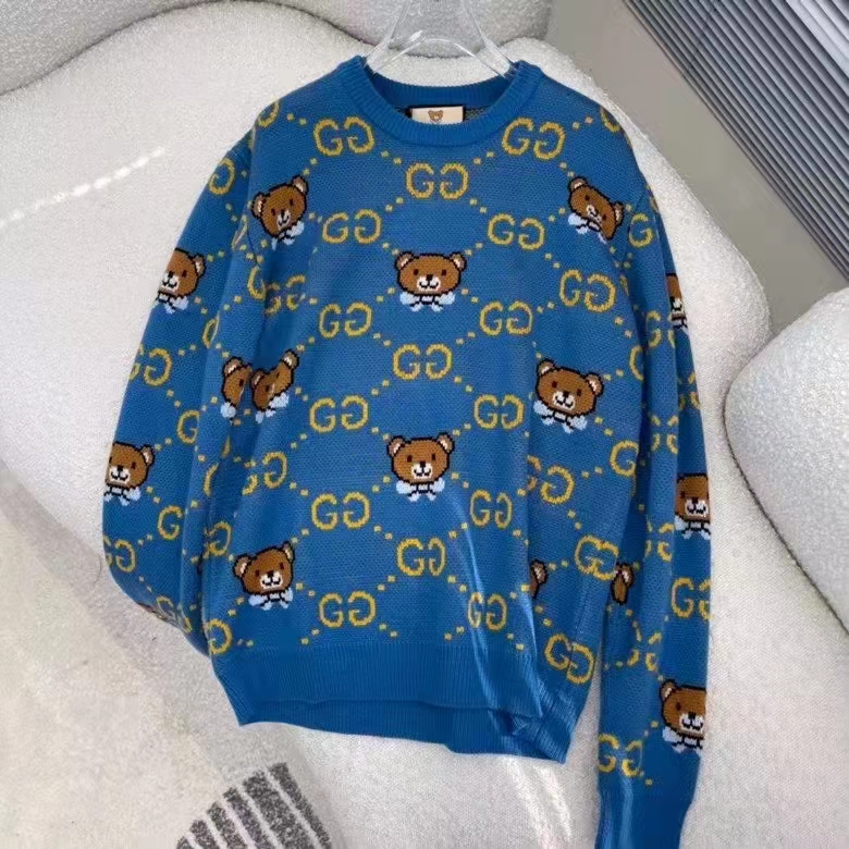 G*u*i men kai x G*u*i gg jacquard jumper dark blue teddy bear wool cotton blend crewneck