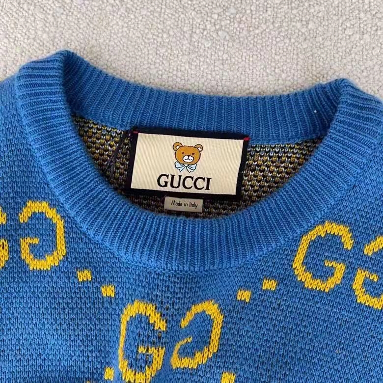 G*u*i men kai x G*u*i gg jacquard jumper dark blue teddy bear wool cotton blend crewneck