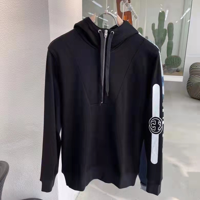 G*u*i men logo print hooded sweatshirt black heavy felted organic cotton jersey