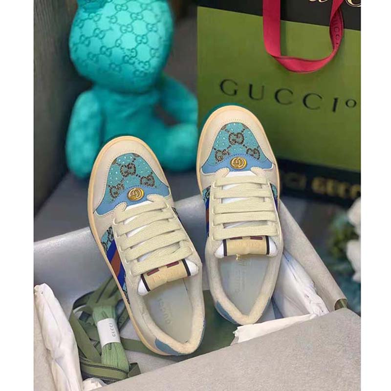 G*u*i unisex screener sneaker crystals brown blue gg canvas 3.6 cm heel