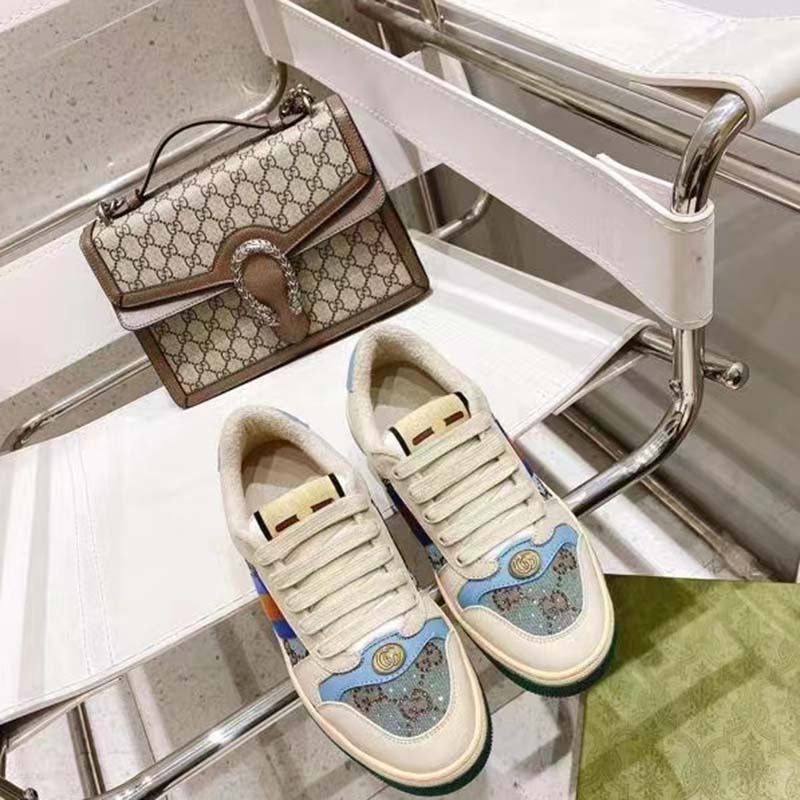 G*u*i unisex screener sneaker crystals brown blue gg canvas 3.6 cm heel