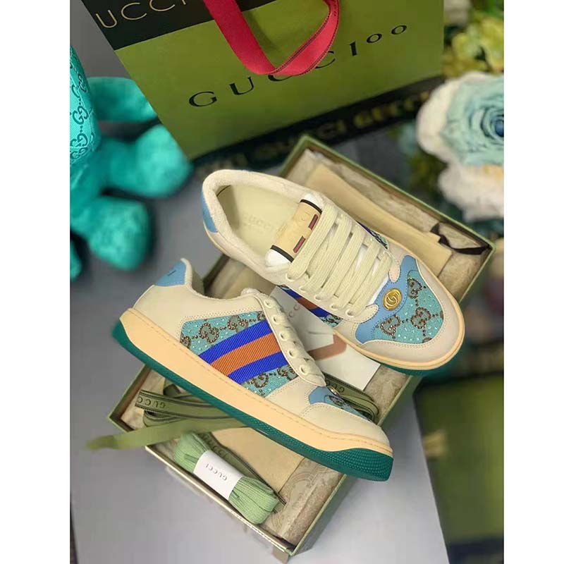 G*u*i unisex screener sneaker crystals brown blue gg canvas 3.6 cm heel
