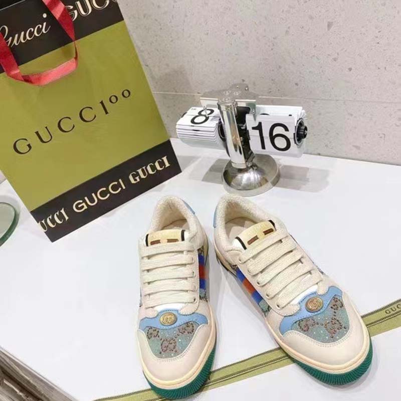 G*u*i unisex screener sneaker crystals brown blue gg canvas 3.6 cm heel