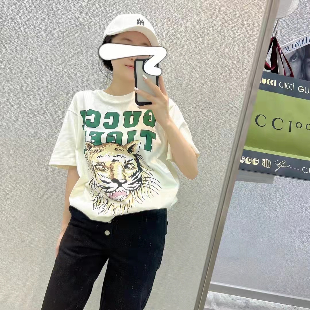 G*u*i women gg tiger cotton t-shirt white jersey tiger head crewneck