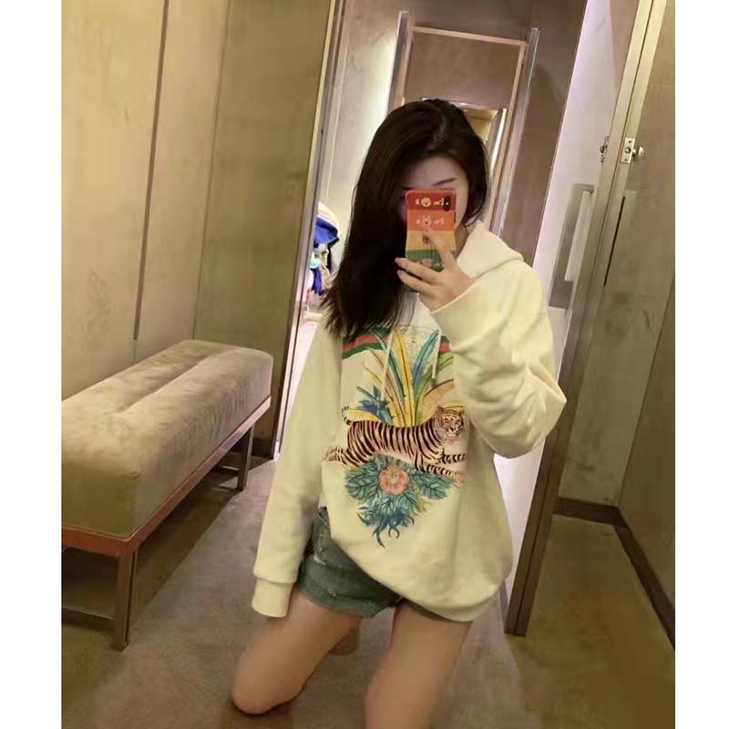 G*u*i women gg tiger hooded sweatshirt ivory felted cotton jersey fixed hood