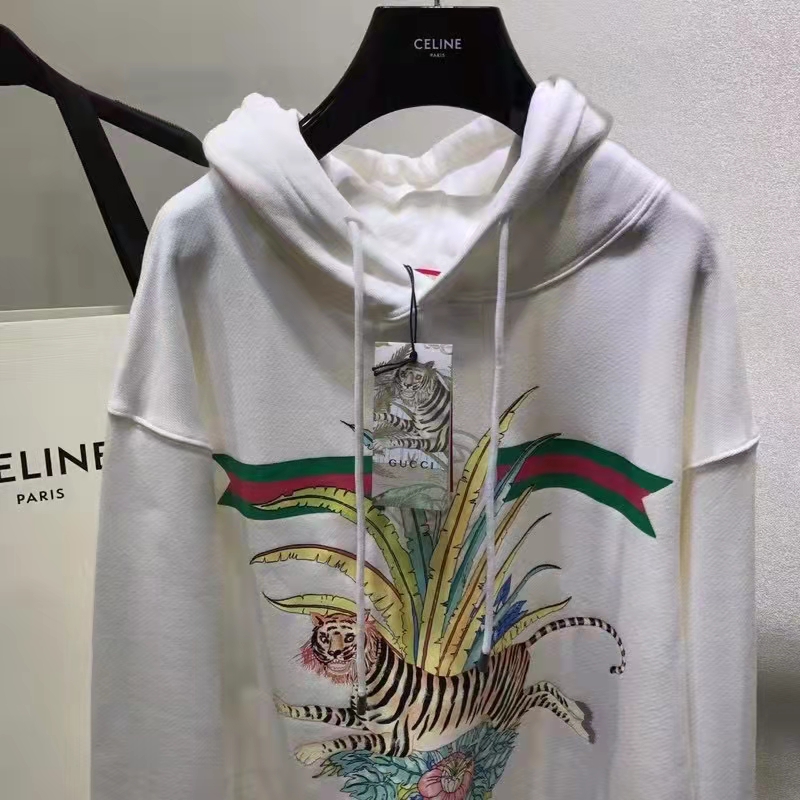 G*u*i men gg tiger hooded sweatshirt ivory felted cotton jersey fixed hood