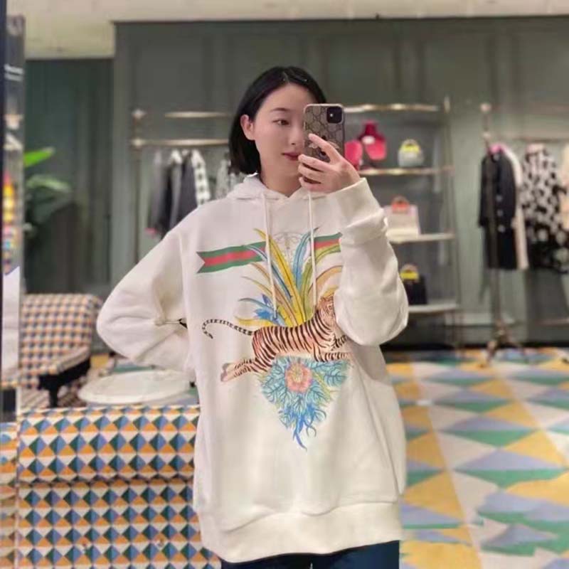 G*u*i women gg tiger hooded sweatshirt ivory felted cotton jersey fixed hood