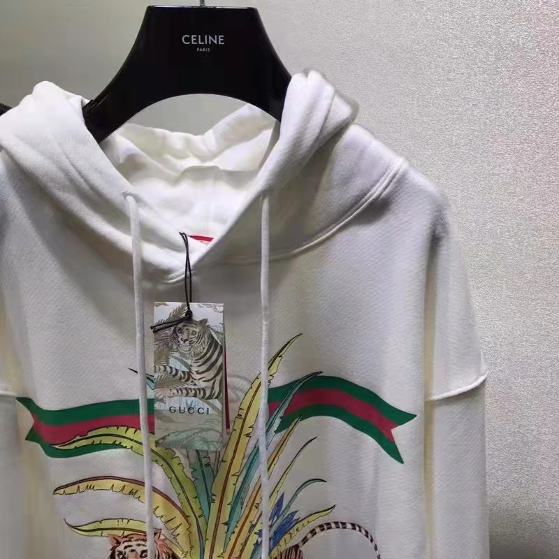 G*u*i men gg tiger hooded sweatshirt ivory felted cotton jersey fixed hood
