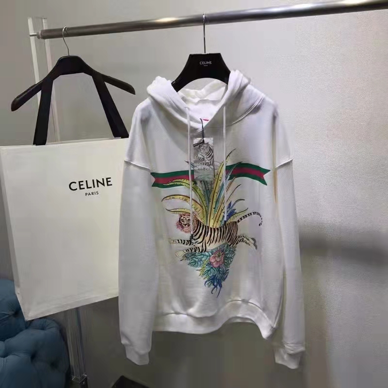 G*u*i men gg tiger hooded sweatshirt ivory felted cotton jersey fixed hood