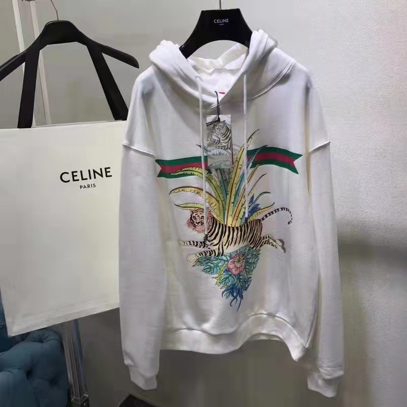 G*u*i men gg tiger hooded sweatshirt ivory felted cotton jersey fixed hood